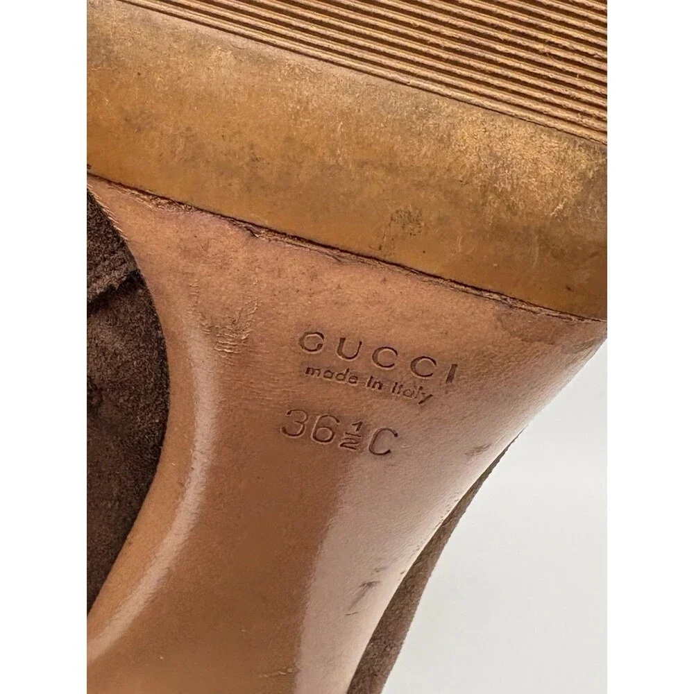 Gucci Brown Suede Knee High Boots GG Logo Accent Silver Horse-bit Size EU 36.5